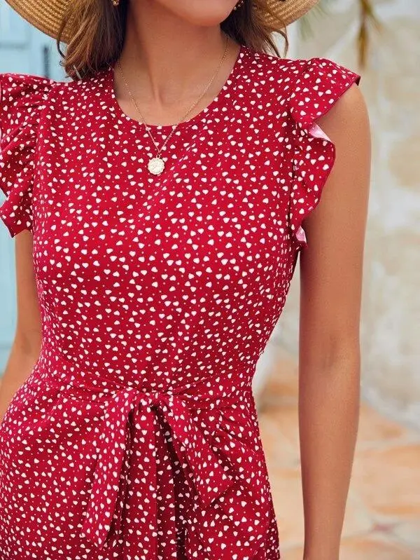 Women Ruffle Trim Allover Heart Belted Dress