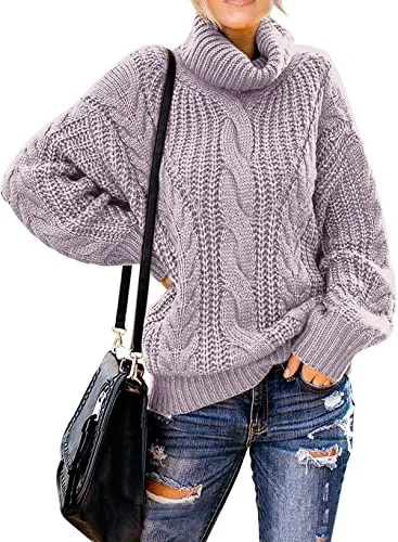 Women's 2025 Turtleneck Balloon Long Sleeve Casual Loose Chunky Cable Knit Pullover Sweater Outerwear