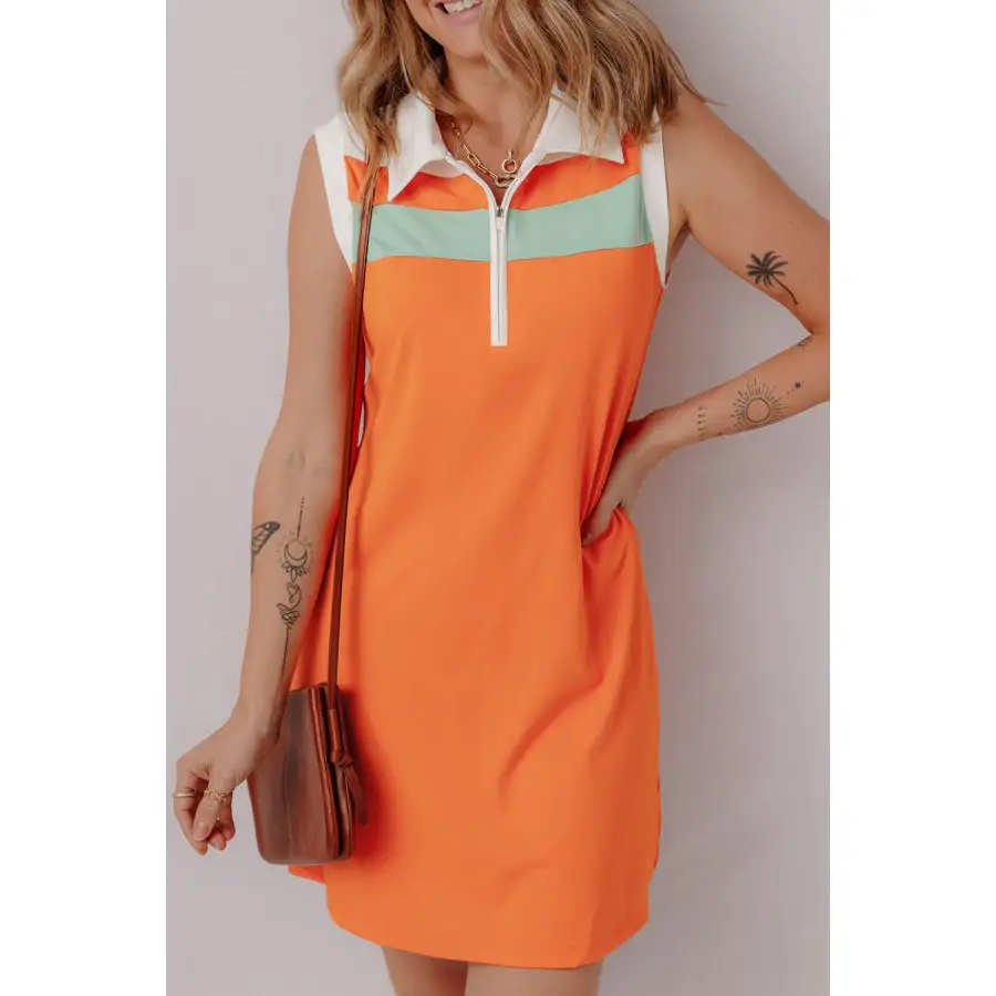 Quarter Zip Collared Neck Sleeveless Mini Dress