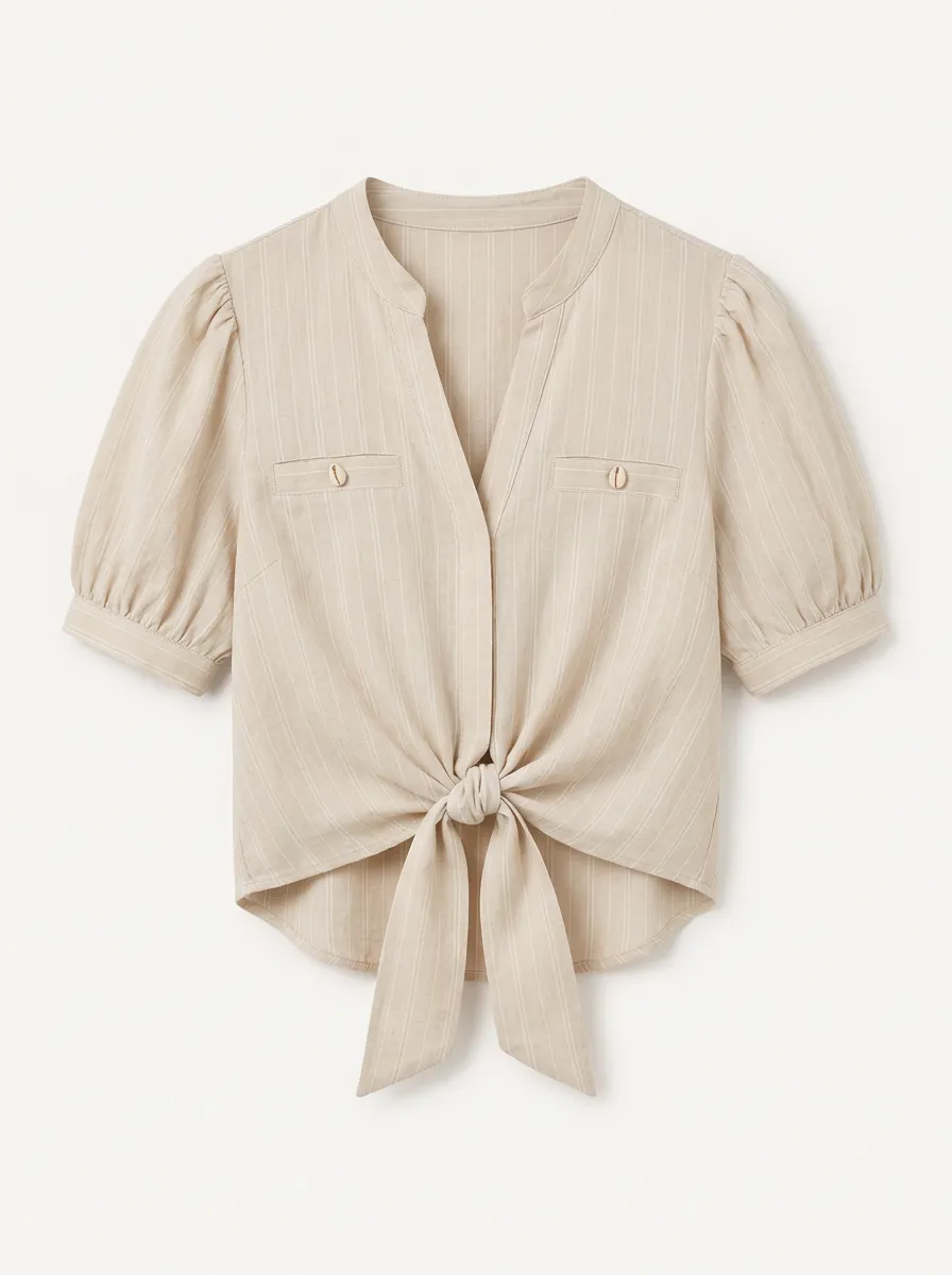 Women's Beige Striped Puff Sleeve Tie Front Blouse