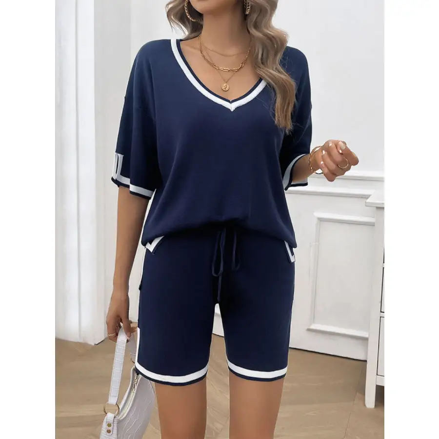 Contrast Trim V Neck Top and Shorts Set