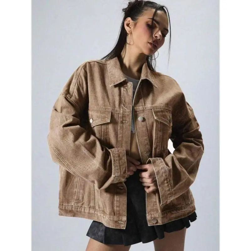 Women's Plain Button Front Drop Shoulder Denim Coat