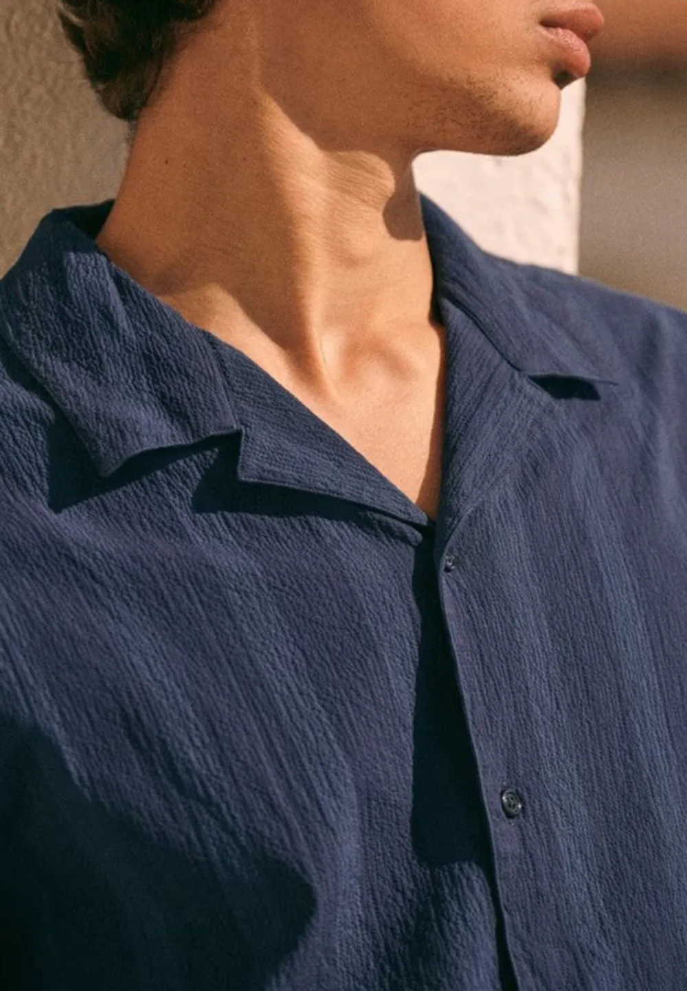 Navy Blue Solid Seersucker Short Sleeve Camp Shirt