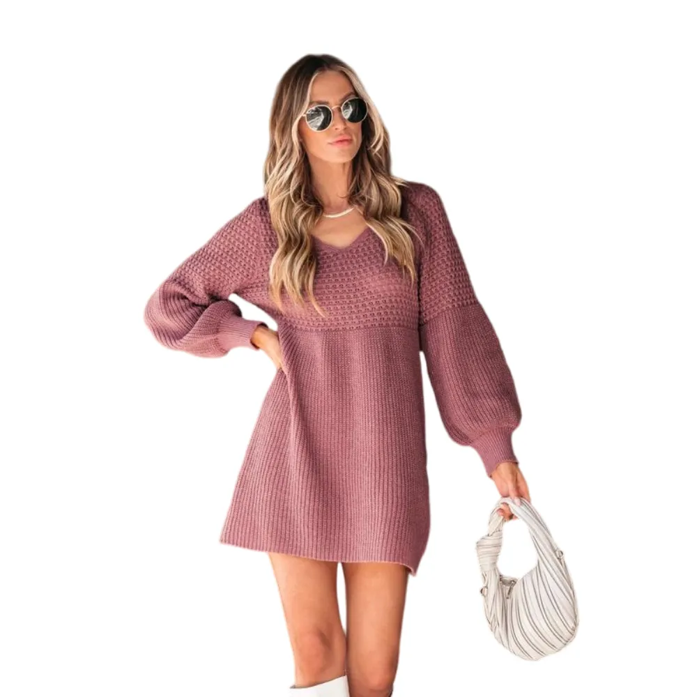 Women's Casual Sweater Dress for Christmas VNeck Honeycomb Long Sleeve Textured Knit Pullover Dresses Womenswear Fall Dress Early Autumn