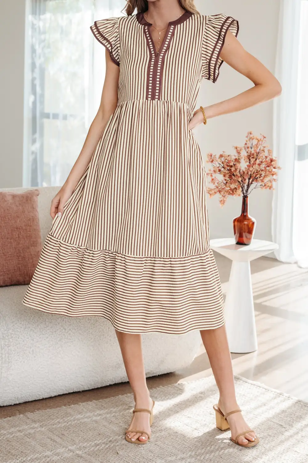 Lightweight Feel Striped V Neck Ruffle Midi Dress