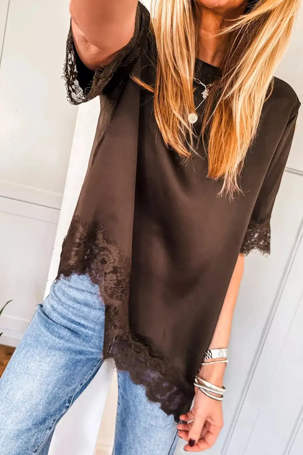 Asymmetric Lace Trim Short Sleeve Satin Top