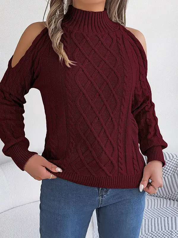 Openwork Cold Shoulder Long Sleeve Relaxed Fit Pullover Sweater