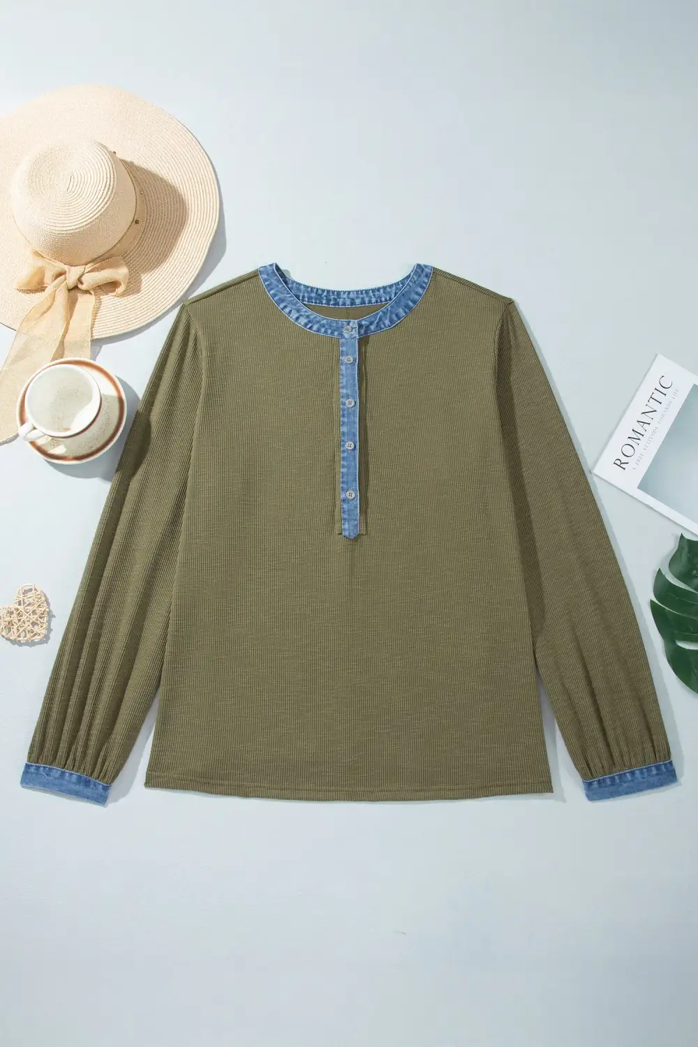 Color Block V Neck Ribbed Relaxed Cotton Blend Long Sleeve Top