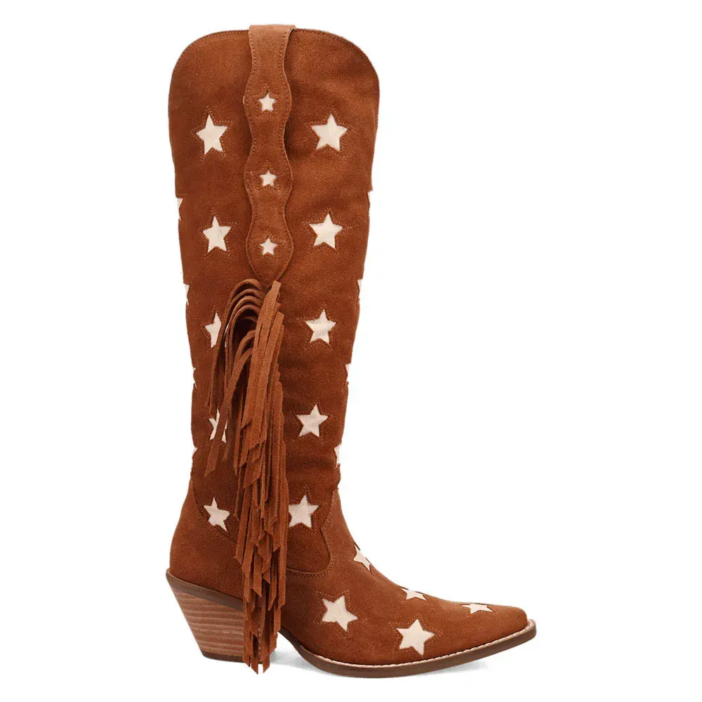 Faux-Suede Snip-Toe Chunky-Heel Platform Knee-Length Western Boots