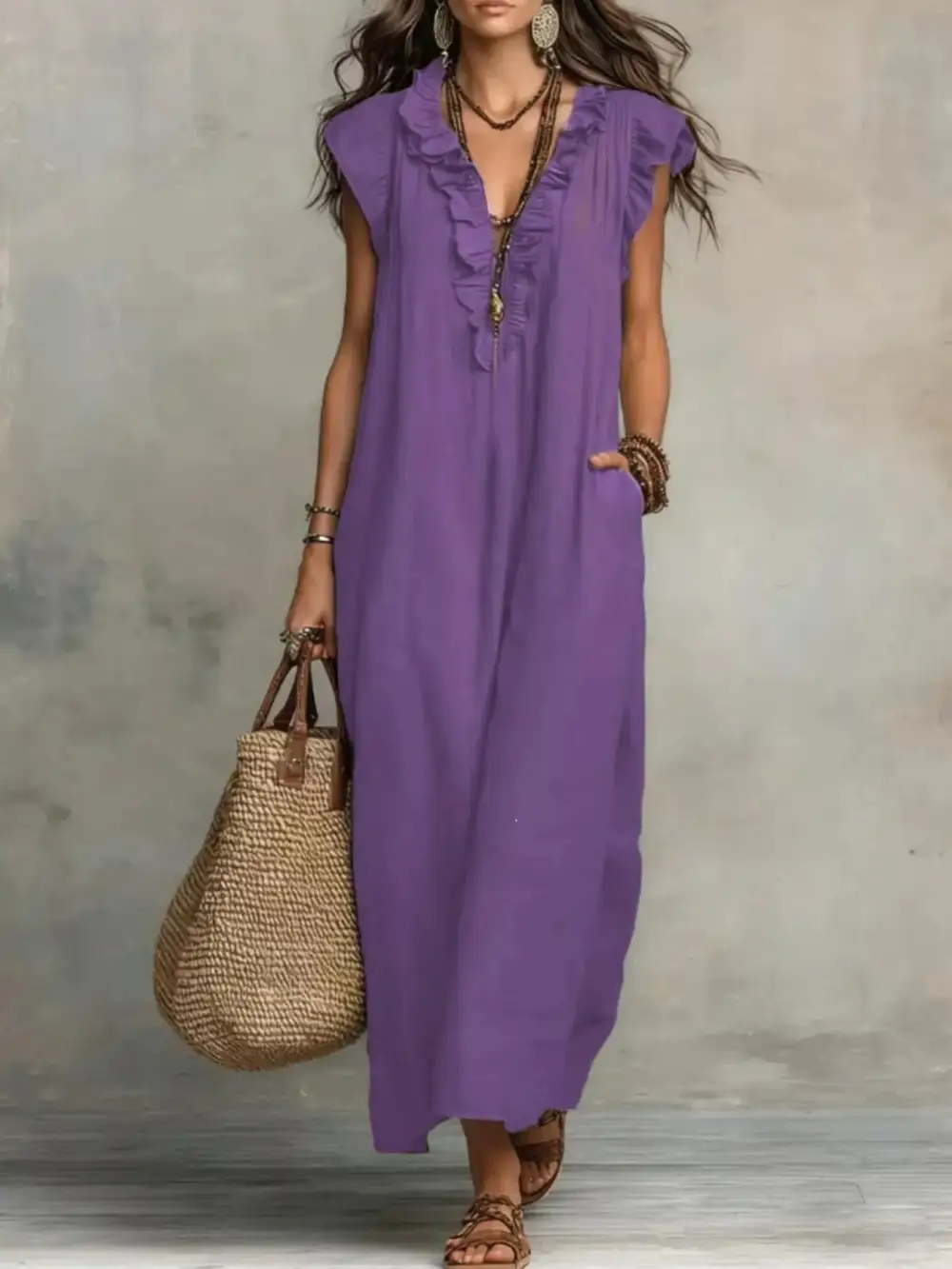V-Neck Pocketed Maxi Dress