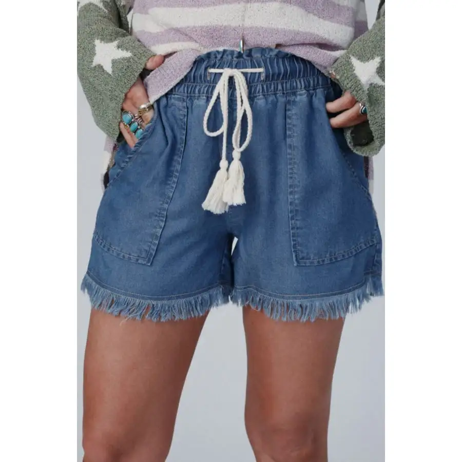 Raw Hem Drawstring High Waist Denim Shorts with Pockets