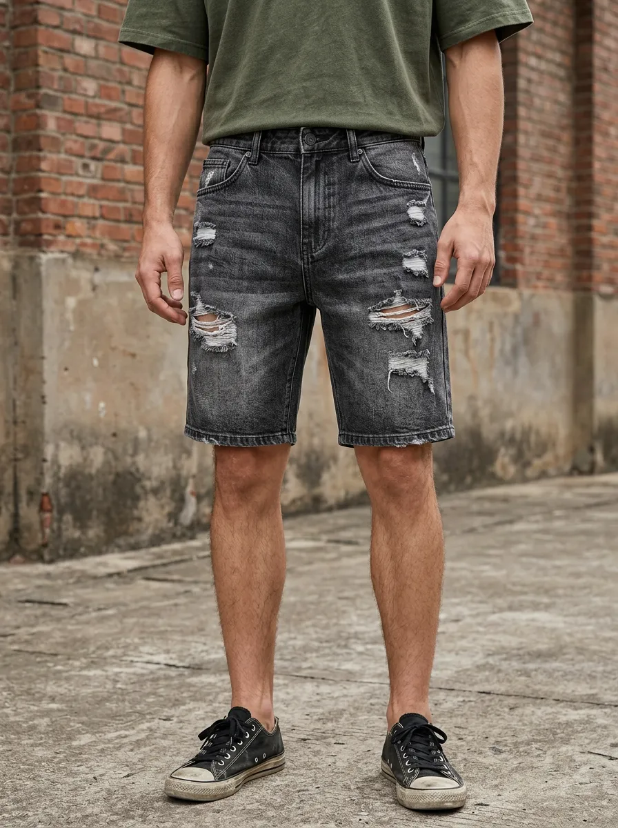 Men's Zip Fly Denim Ripped Denim Shorts
