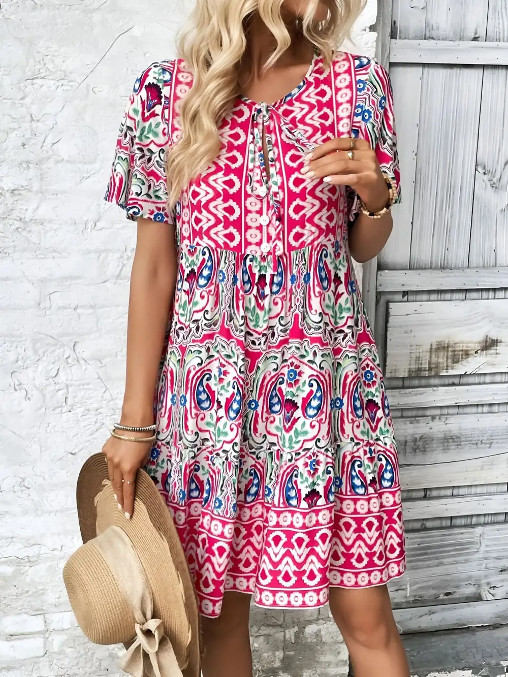 Boho-Print V-Neck Loose Fitting Mini Dress