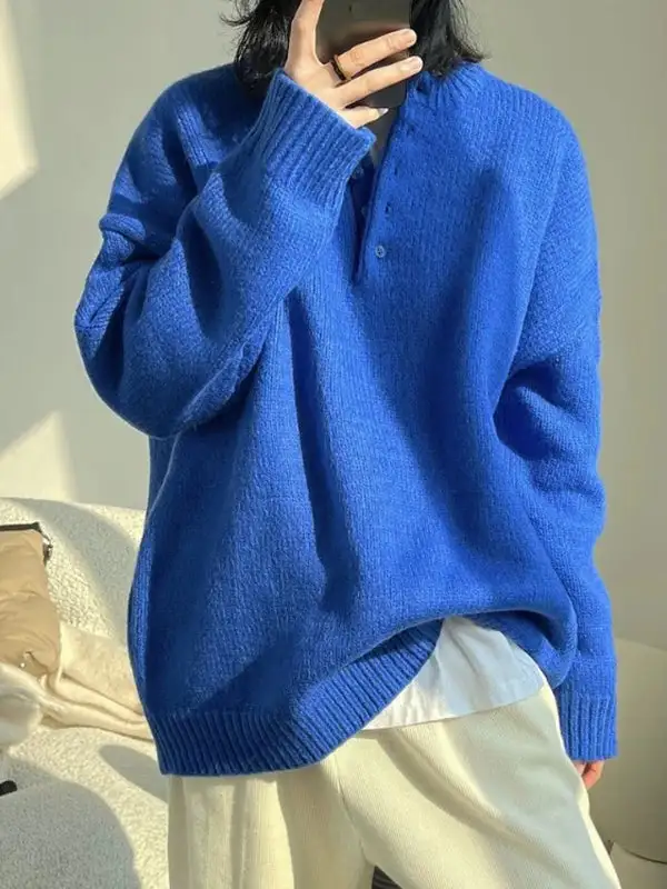 Paneled Round Neck Long Sleeve Relaxed Fit Roomy Fit Sweater