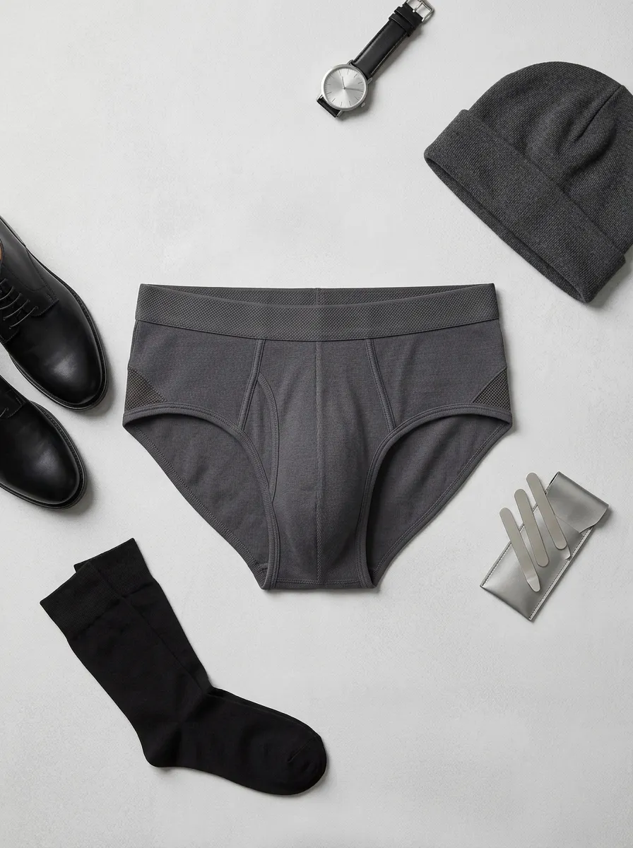 Men's Charcoal Grey Ribbed Cotton Printed Briefs