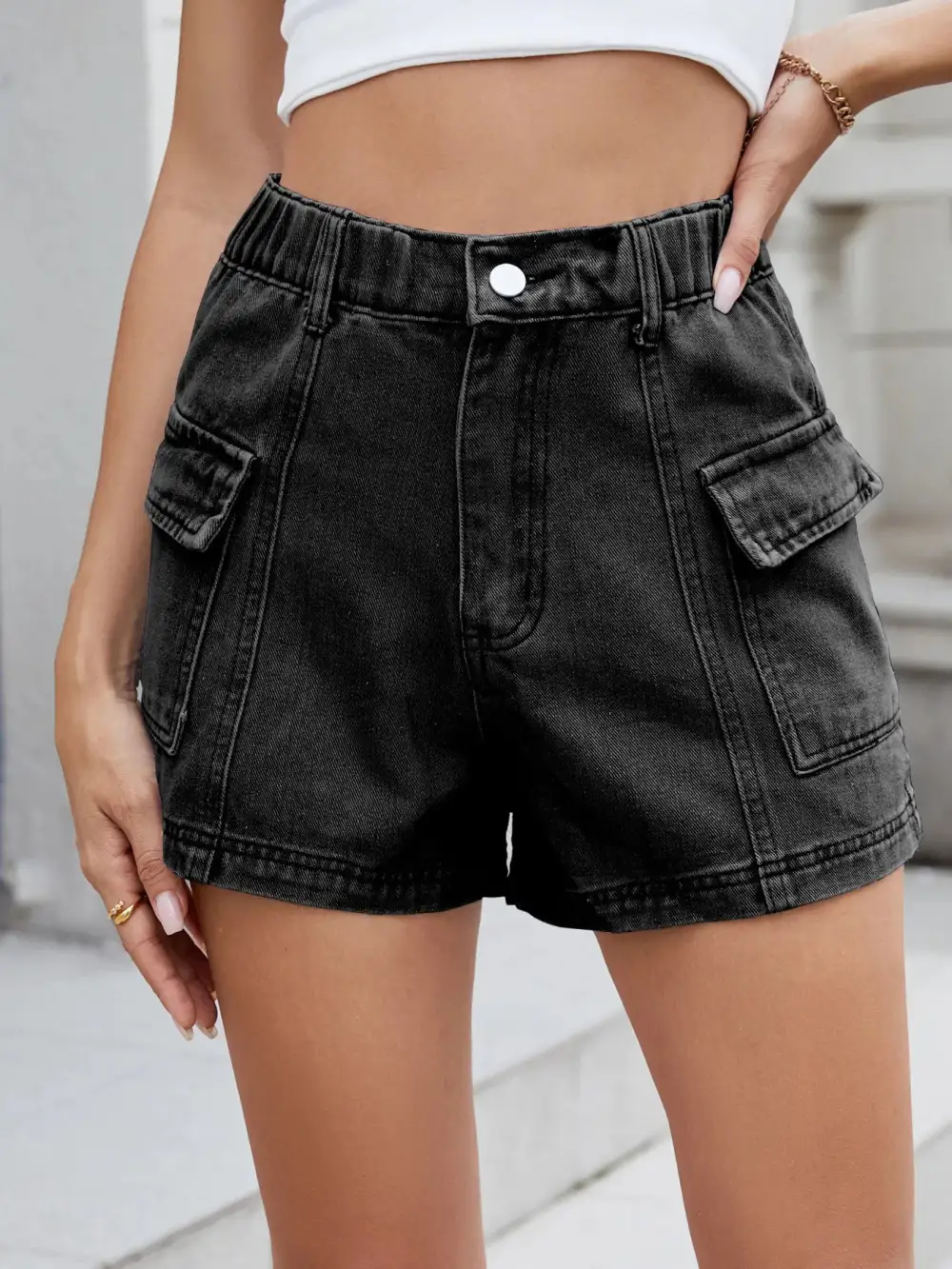 High-Waist Cargo Denim Shorts