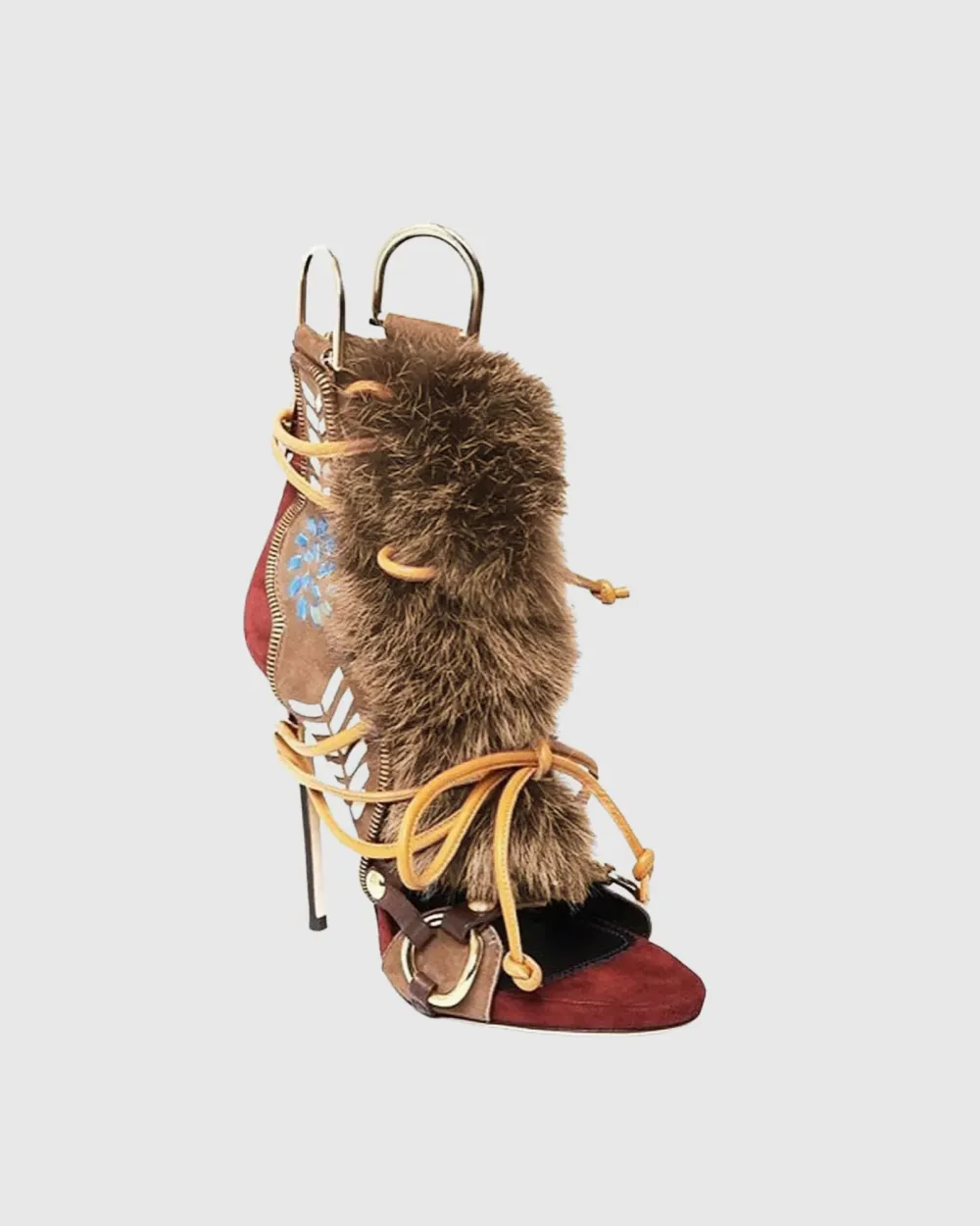 Faux Fur Lace Up Suede Sandals in Brown