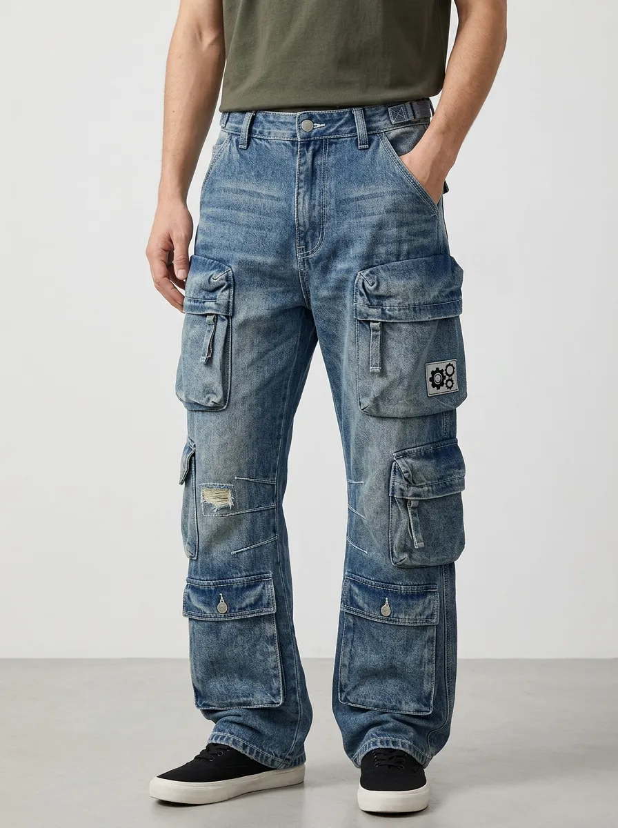 Men's Blue Washed Patchwork Multi-Pocket Straight-Leg Denim Cargo Pants
