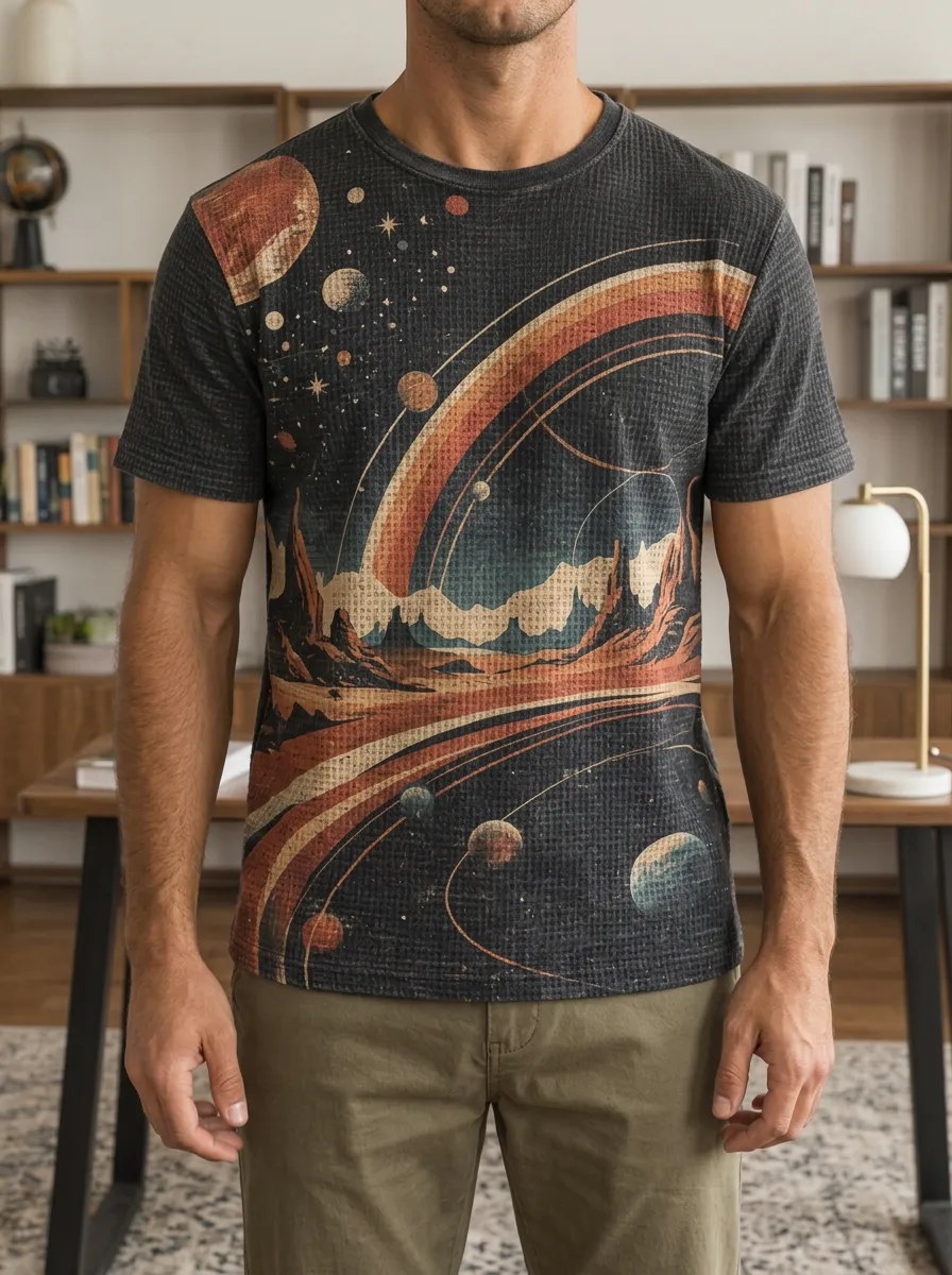 Men's Retro Space Galaxy Planet Landscape Crew Neck T-Shirt
