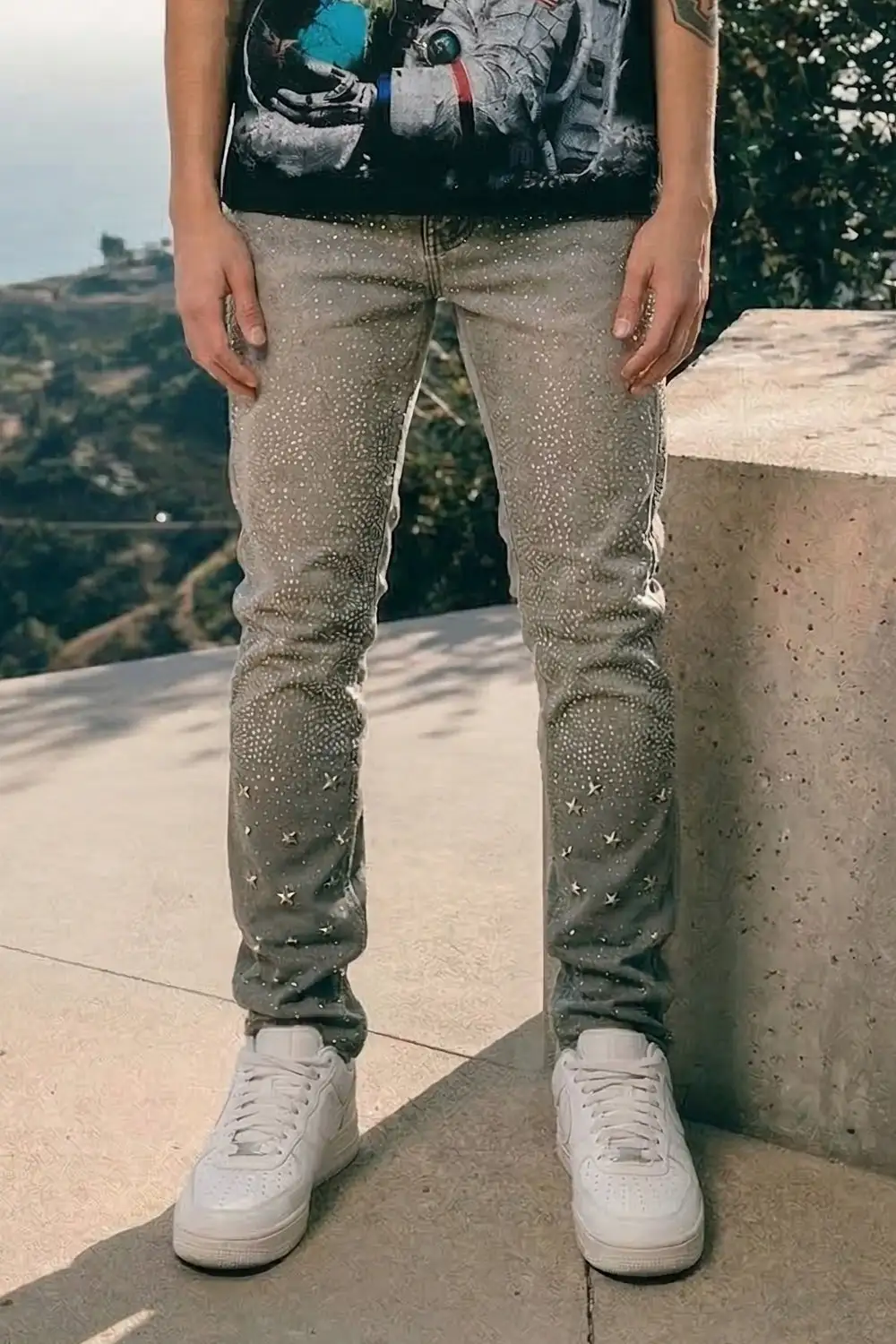 Men's Embellished Skinny Zip Detail Jeans