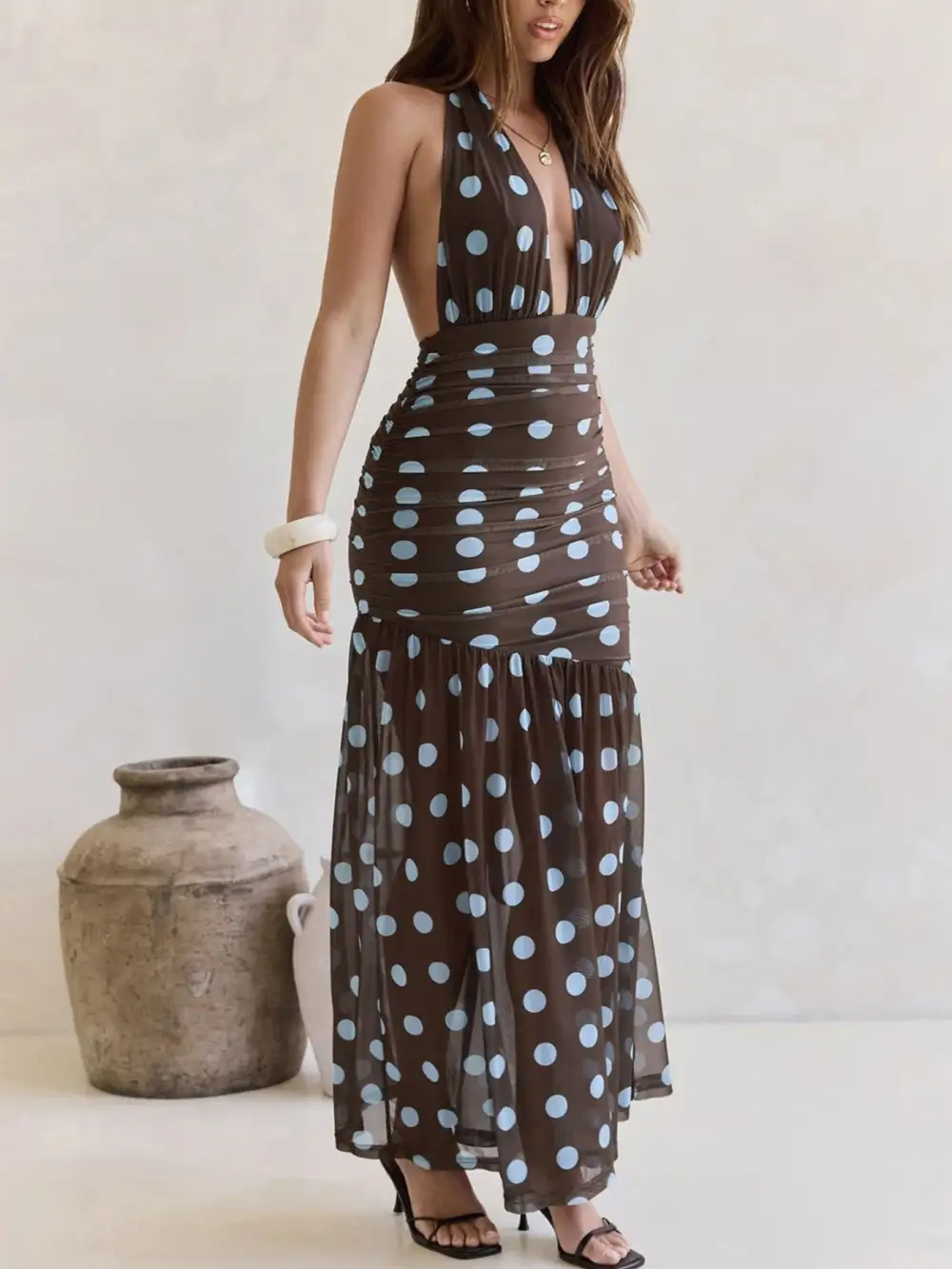 Polka Dot Halter Ruched Maxi Dress
