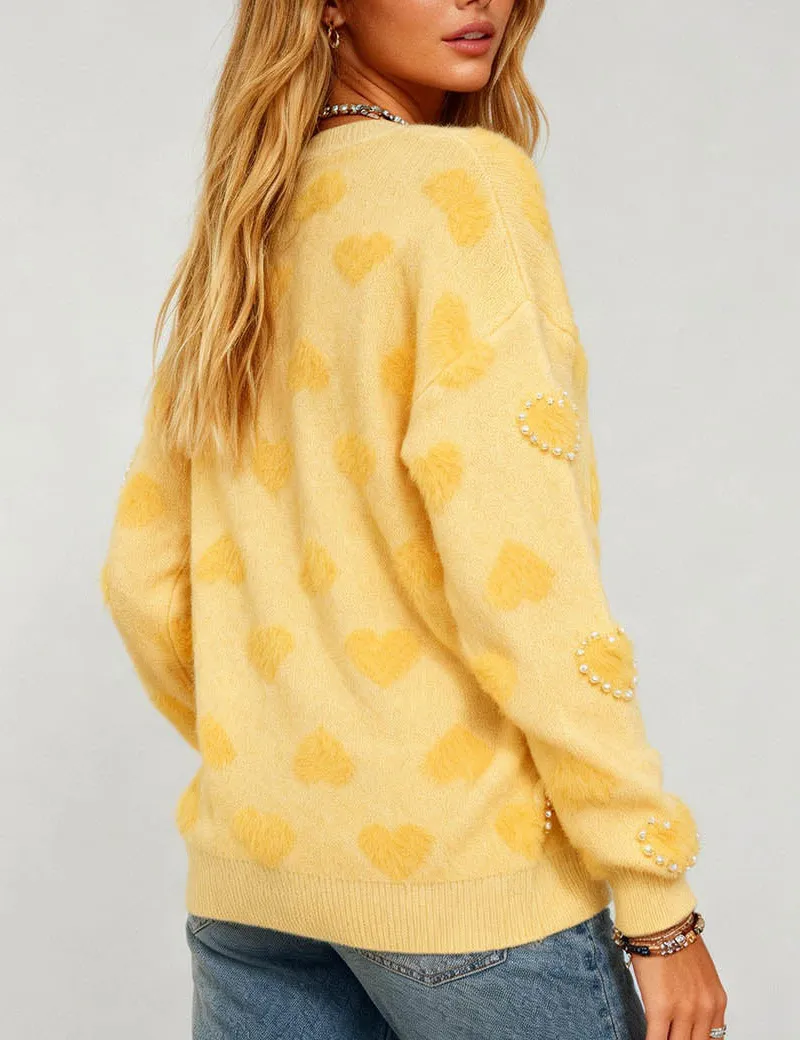 Valentine Heart Pattern Round Neck Bead Sweater