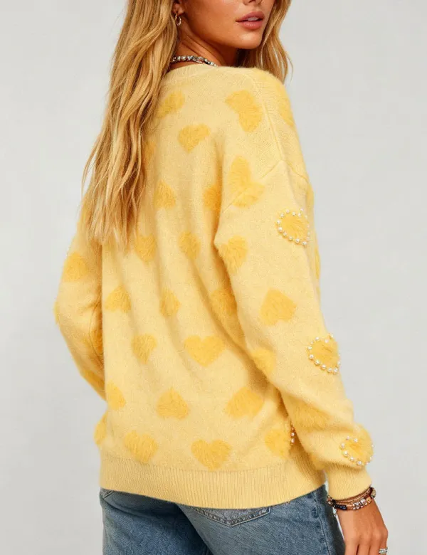 Valentine Heart Pattern Round Neck Bead Sweater
