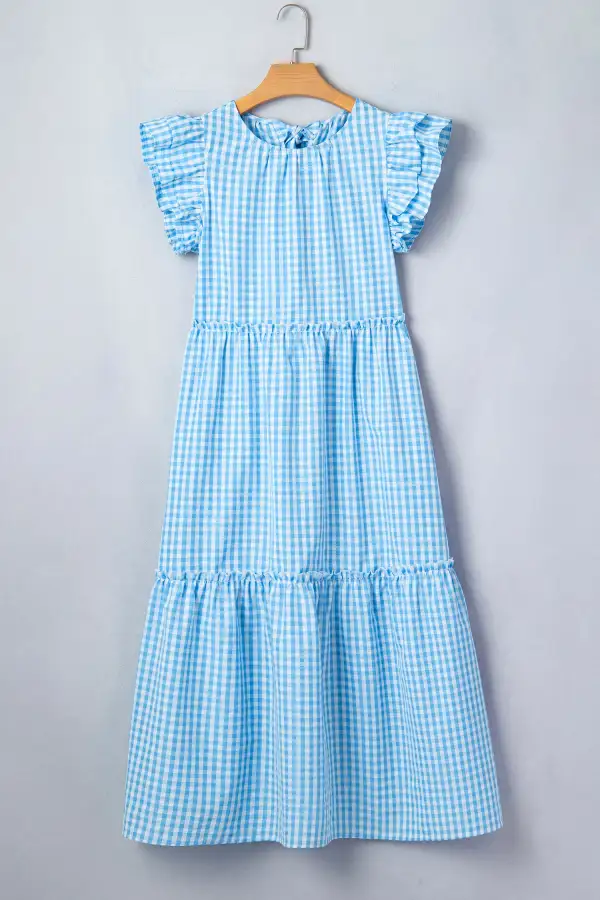 Sky Knot Back Ruffled Short Sleeve Gingham Maxi Dress