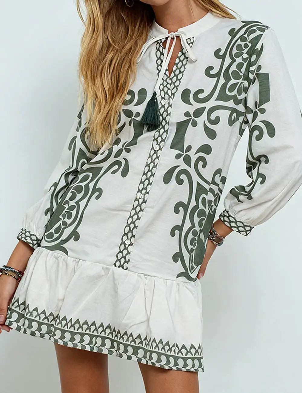 Boho Vacation Tassel Neck Mini Dress