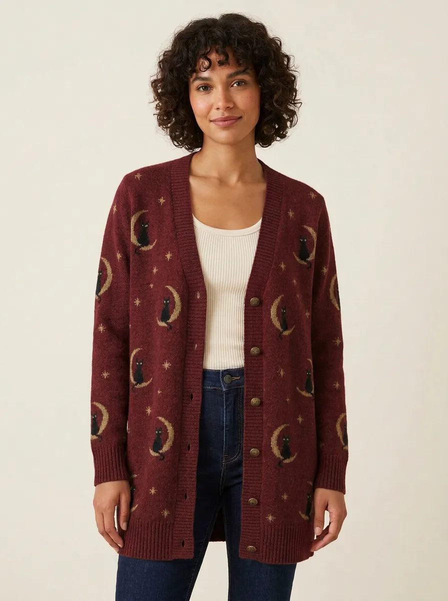 Women's Halloween Cat Moon Stars Patterned Cardigan