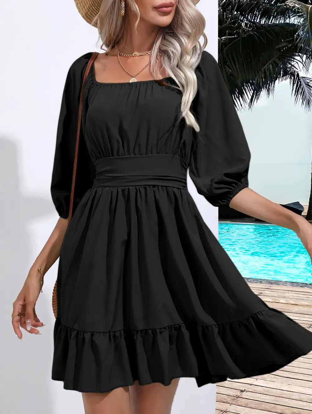 Square Neckline Ruffled Tie Up Short Dress