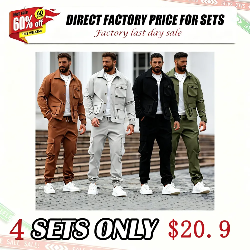 Men's Solid Color Pocket Button Front Shirt & Pants Two-Piece Set