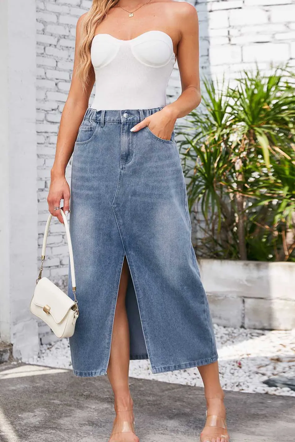 Elastic-Waist Denim Midi Skirt