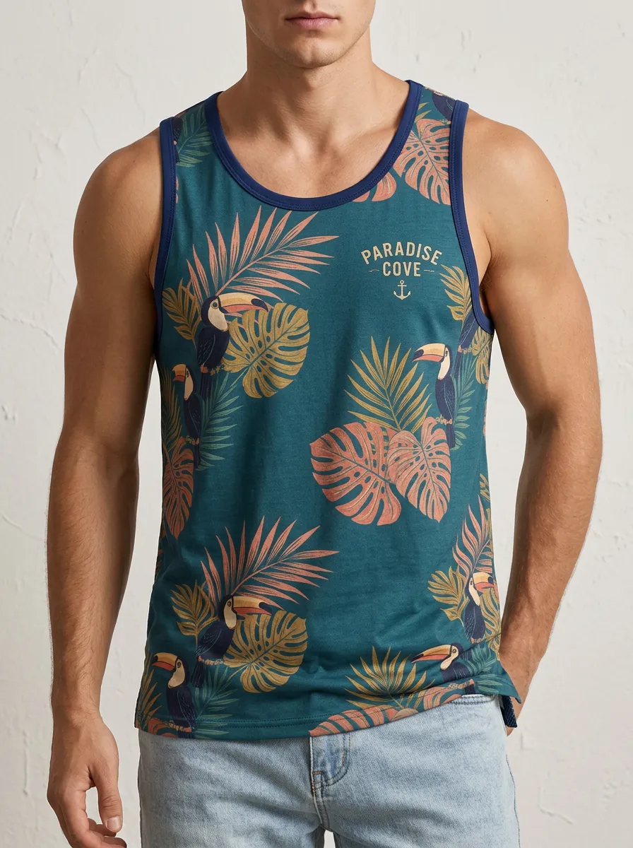 Men's Tropical Paradise Cove Toucan Printed Tank Top