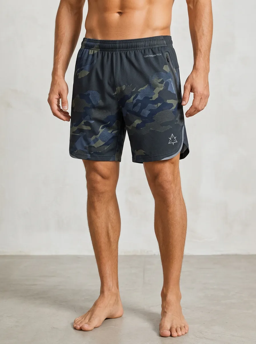Men's Athletic Fitness Blue Camouflage Printed Shorts