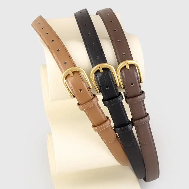 Clean Skinny Leather Belt with Golden Buckle