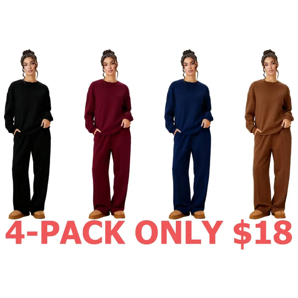 Women's Casual Solid Color Loose Long Sleeve Top & Exposed Stitches Trousers Co-ord