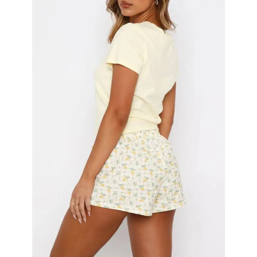 Printed Round Neck Short Sleeve Top and Drawstring Shorts Set