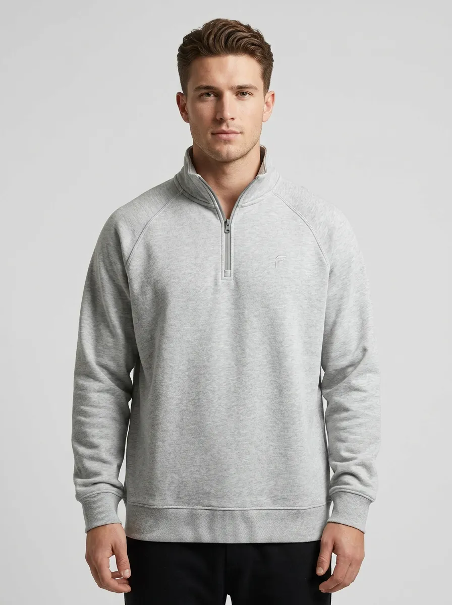 Men's Modern Minimalist Textured Raglan Embroidered Emblem Quarter-Zip Sweatshirt