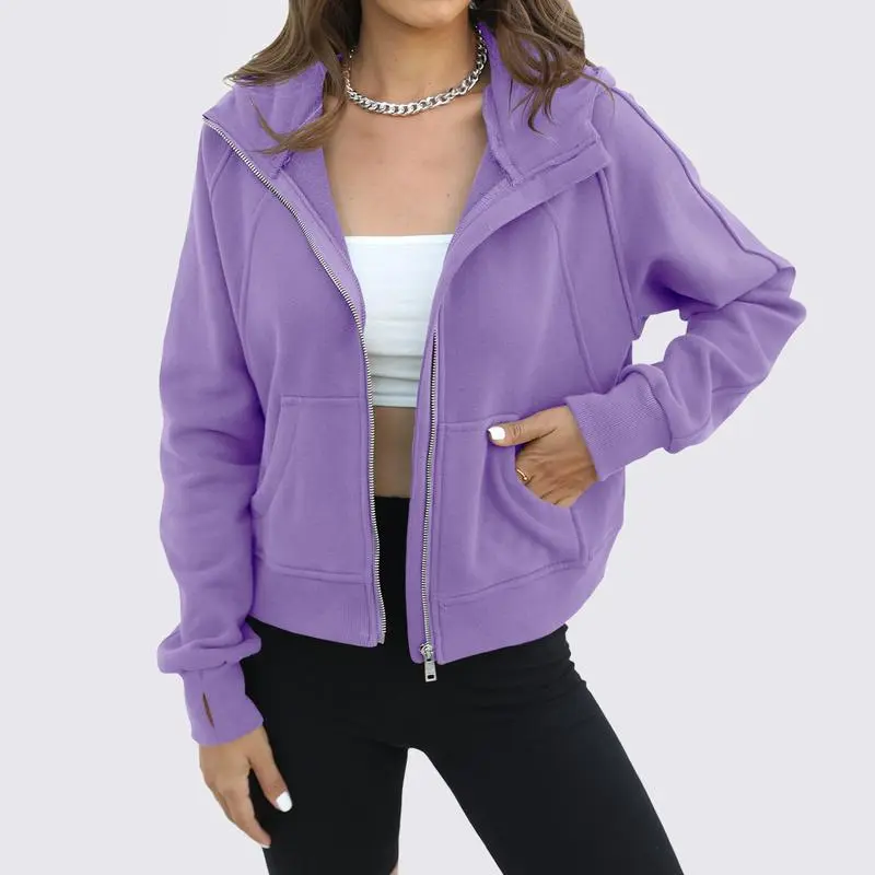 Womens Zip Up Sweatshirts Fleece Lined Collar Crop Hoodie Casual Cotton Long Sleeve Tops with Thumb Hole