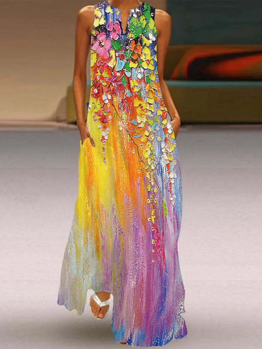Ladies Vintage Printed V-neck Sleeveless Maxi Dress