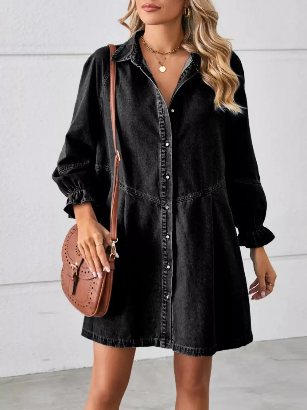 Gathered Detail Denim Button Front Ruffle Dress
