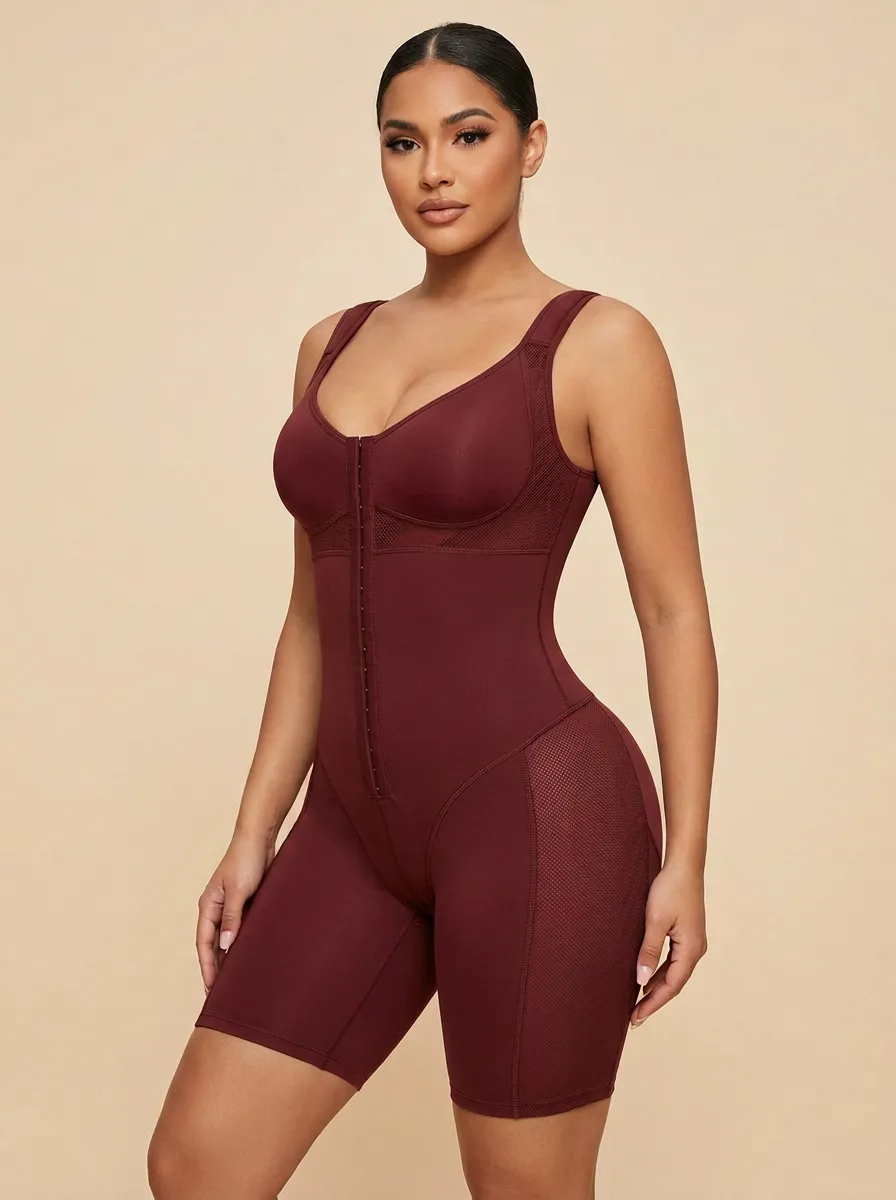 Women's Tummy Control Brown Mesh Hook-and-Eye Shapewear Bodysuit