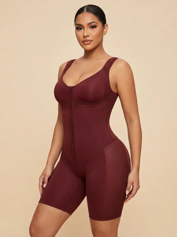 Women's Tummy Control Brown Mesh Hook-and-Eye Shapewear Bodysuit