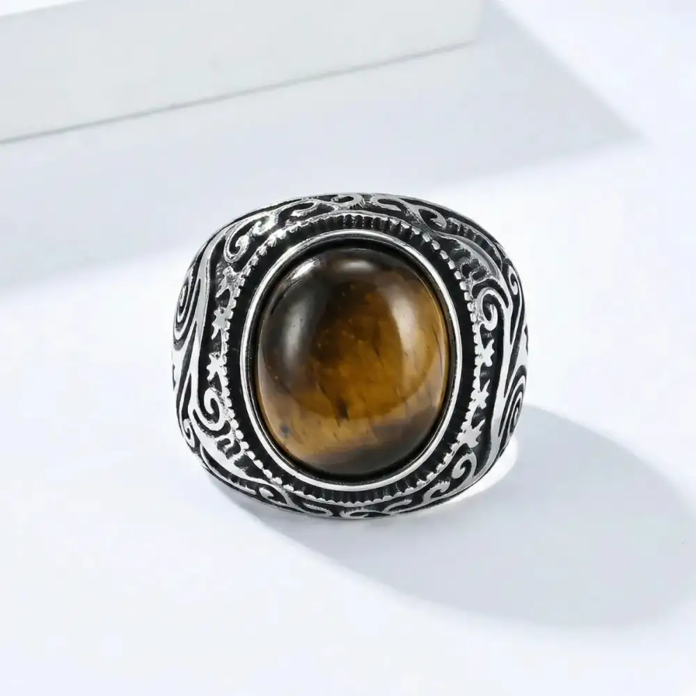 Men's Sculpted Scrollwork Tiger Eye Signet Ring