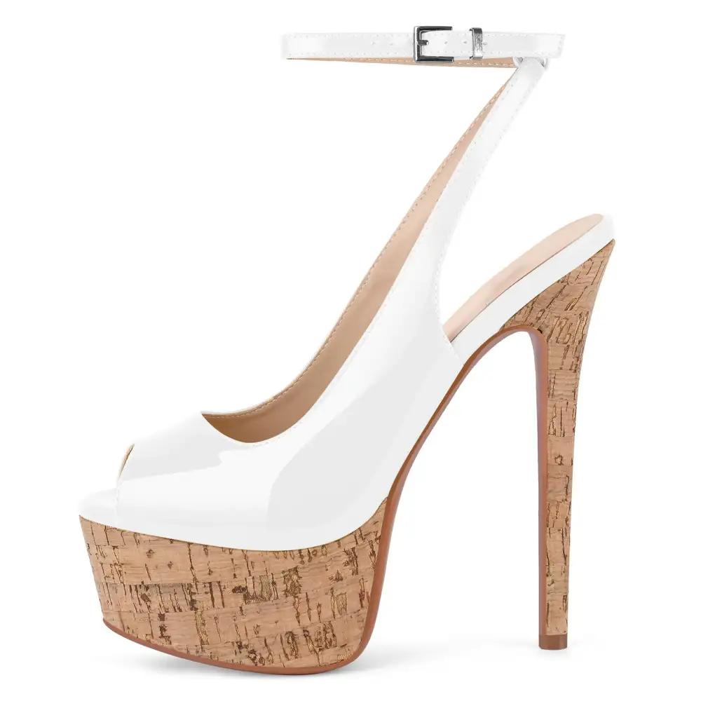 Patent Finish Peep Toe Platform Stiletto Ankle Strap Pumps