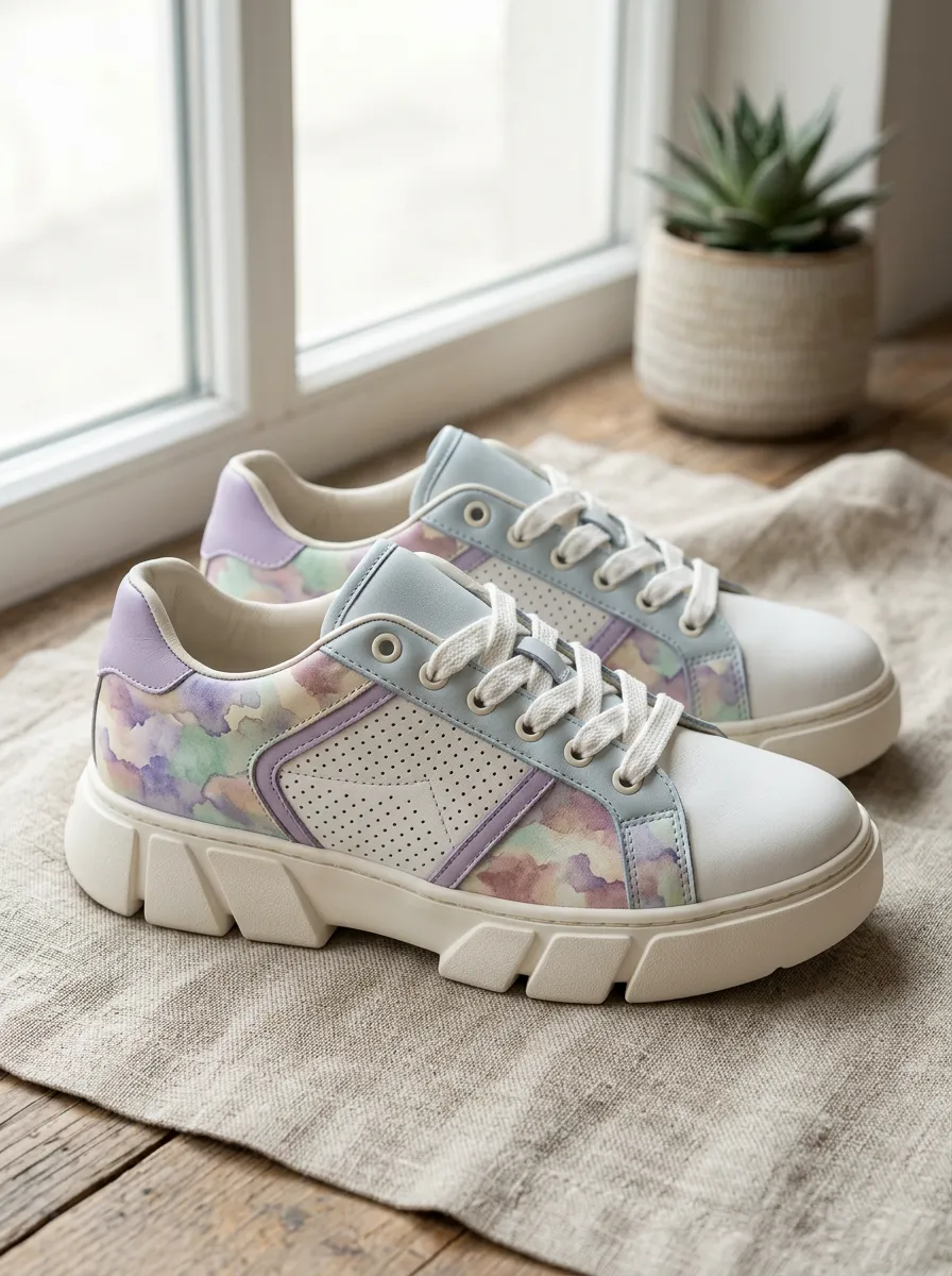 Women's Pastel Watercolor Pattern Printed Casual Sneakers