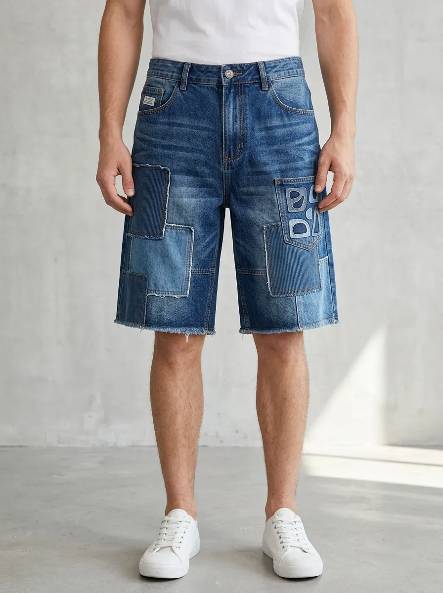 Men's Casual Streetwear Patchwork Denim Printed Shorts