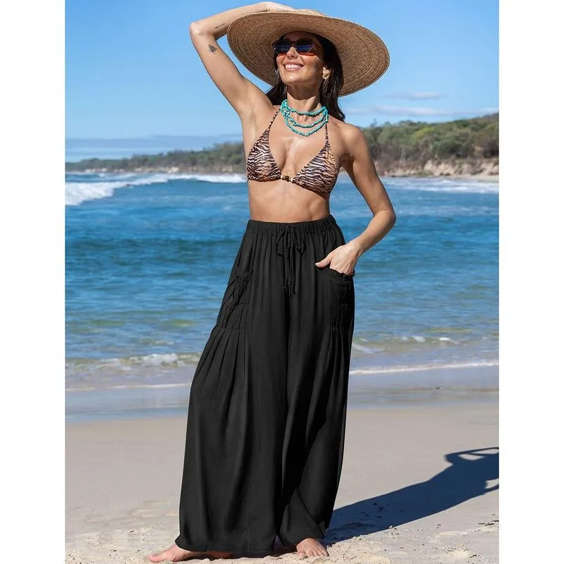 Women Linen Palazzo Pants Loose Fit Boho Wide Leg Summer Lounge Trousers Plus Size Drawstring Waist Casual Beach Travel Vacation Outfits woman wide leg pant