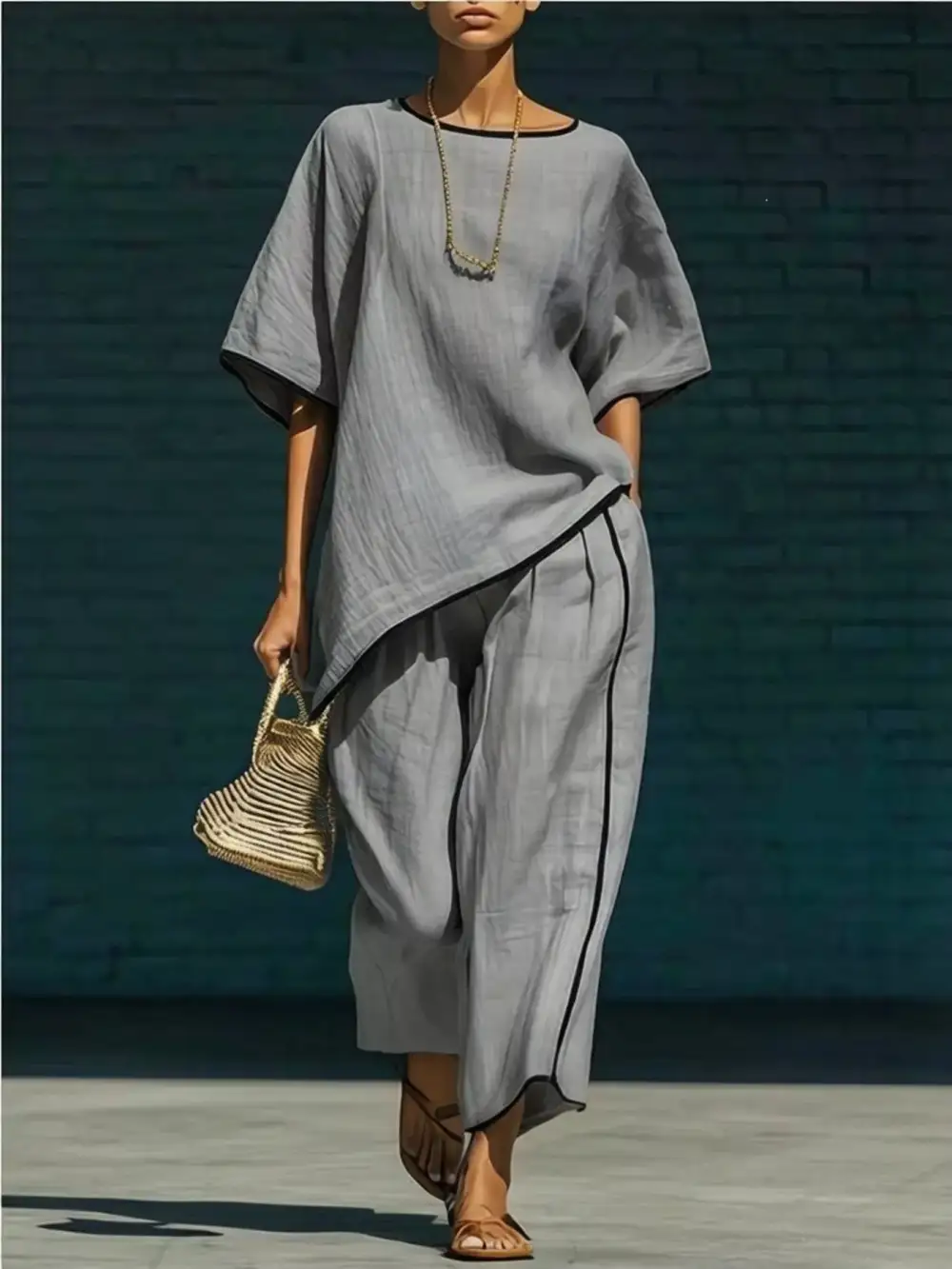 Full Size Contrast Trim Half Sleeve Top and Pants